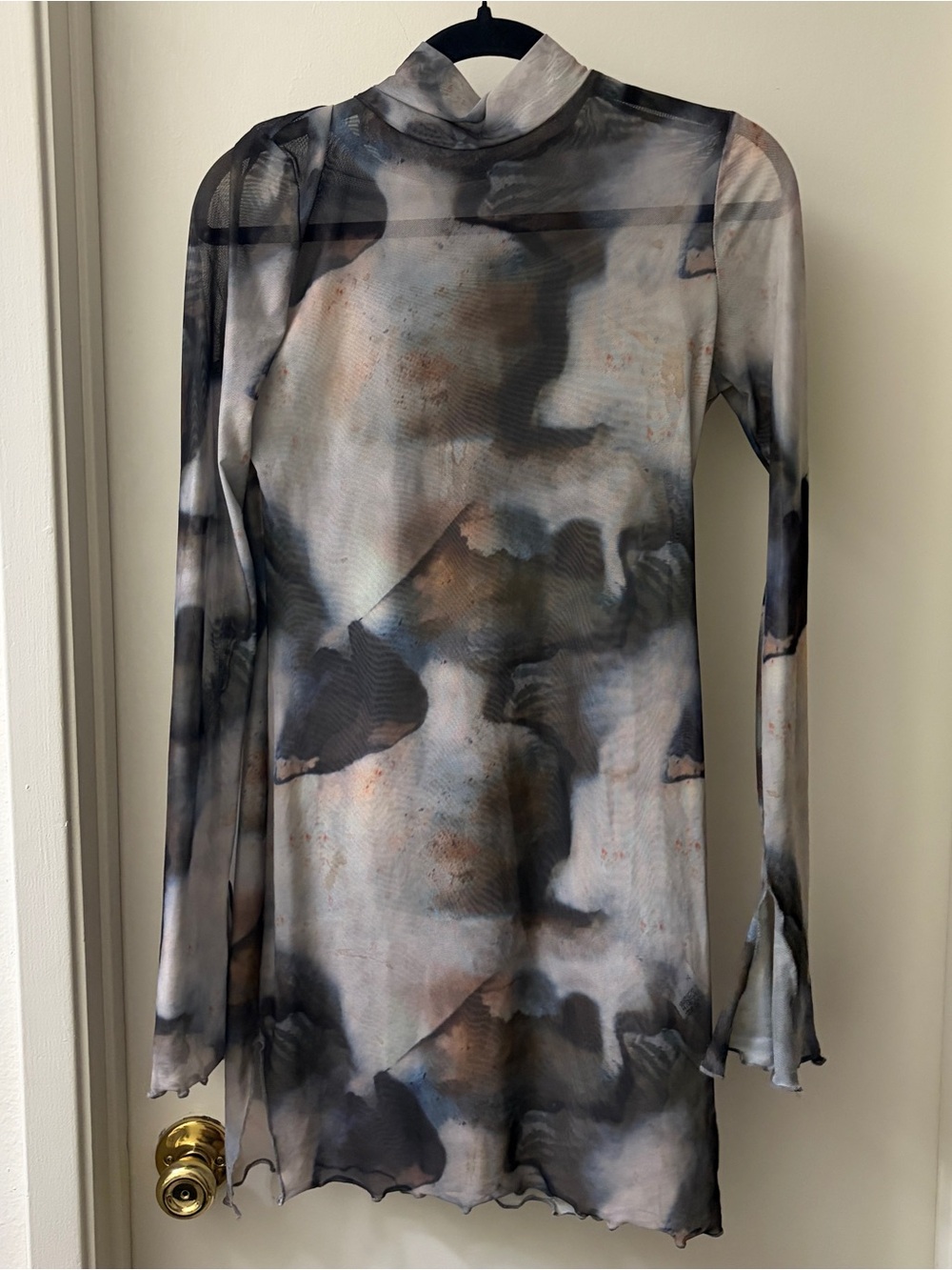Long-Sleeve Sheer Abstract Mesh Dress in Gray and Brown Tones